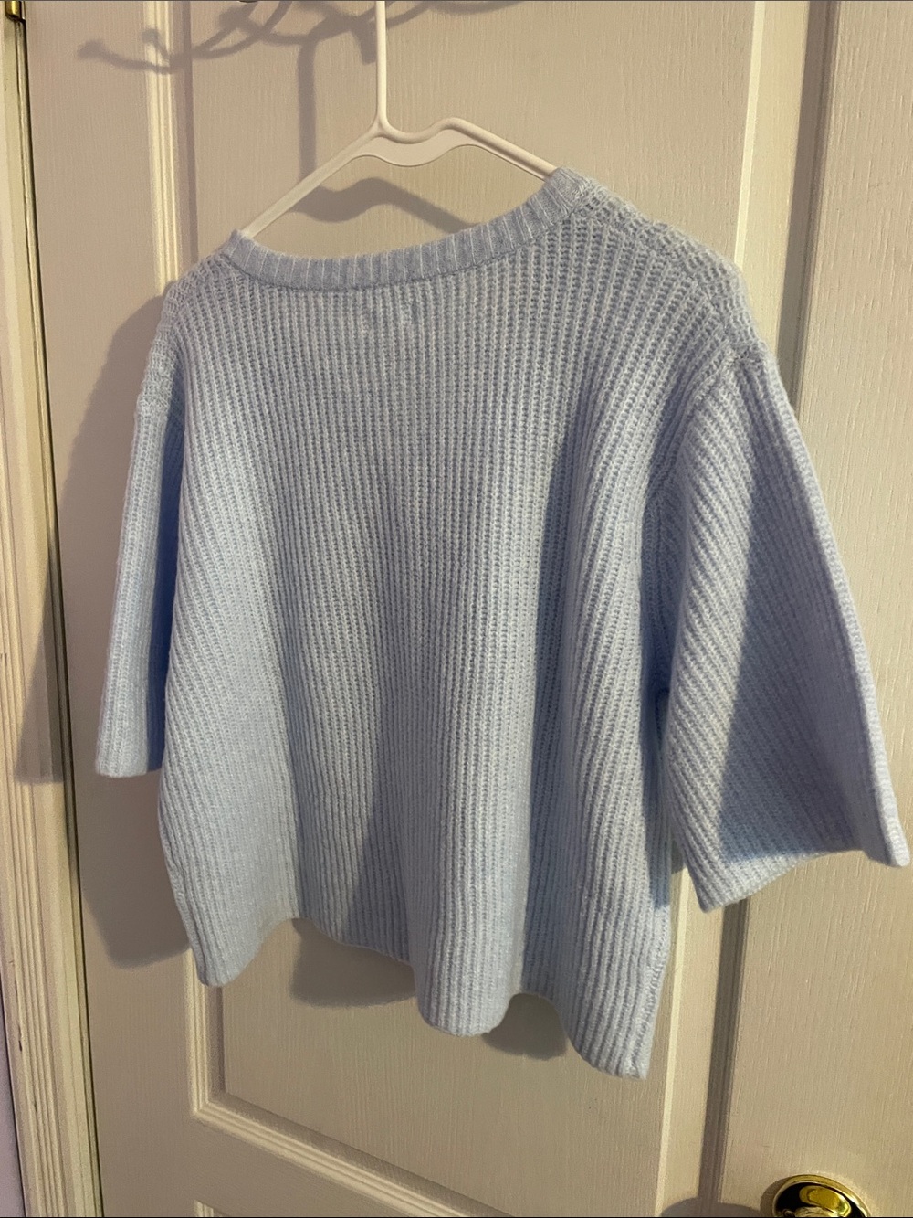aerie Unreal Ribbed Short-Sleeve Button Front Cardigan in a light blue - Picture 7 of 10